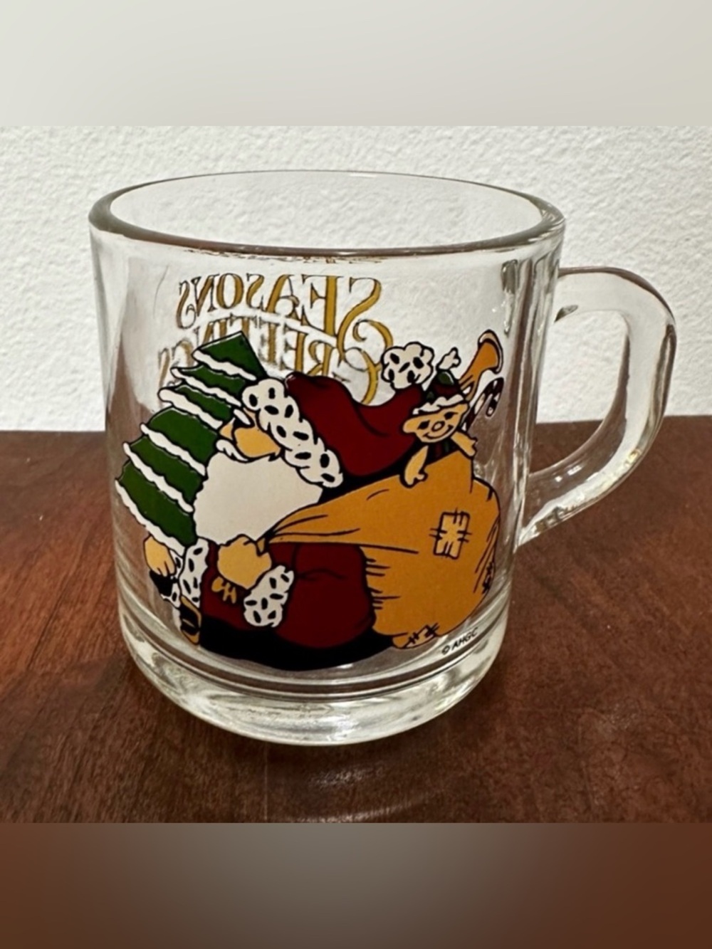 Vintage Anchor Hocking Season’s Greetings Glass Santa Claus Mug Christmas Cup